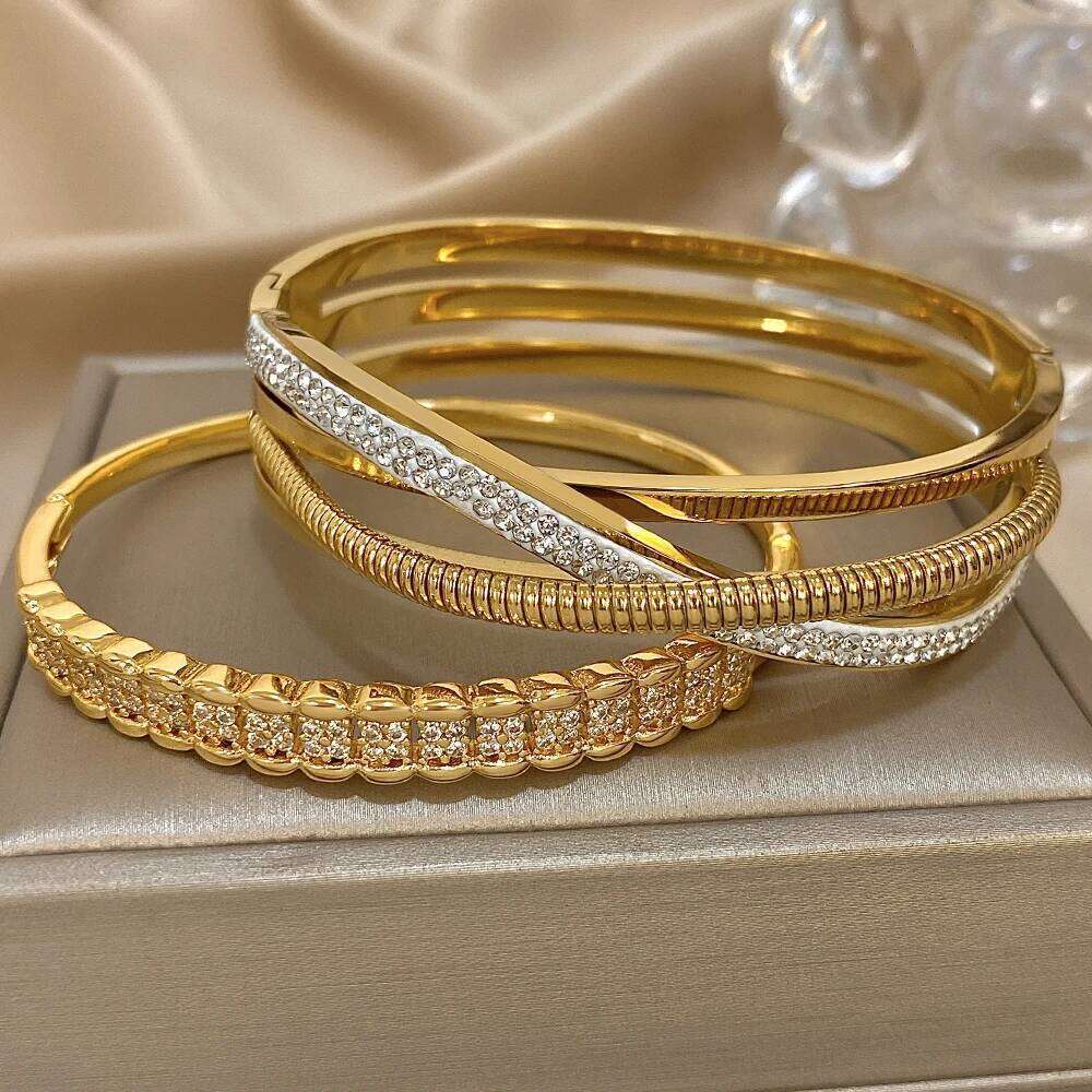 Crossed Rhinestone Stainless Steel Open Cuff Bangles Bracelets Fashion Charm Bracelet Jewelry Set Wrist Accessories Z260123