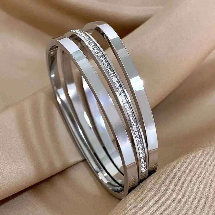 3pcs Glossy Rhinestone Stainless Steel Bangle for Women Luxury Gold Silver Color Wristband Bracelet Waterproof Jewelry Z260123