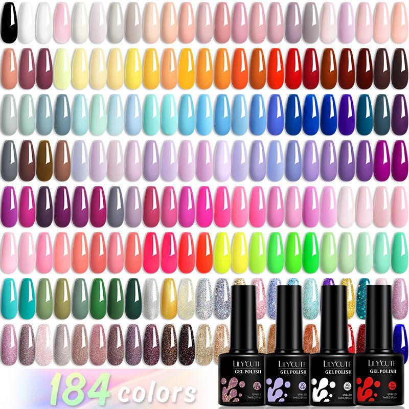 LILYCUTE Trendy Colors 184 Colors Full Set Nail Gel Polish Kit Solid Color Glitter Gel