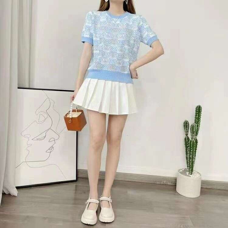 Summer Thin Knitted Short Sleeve T-Shirt For Women, Niche Jacquard Design, European Style, Heavy Embroidery, Rhinestone, Ice Silk Plaid Top Xing Zhigu