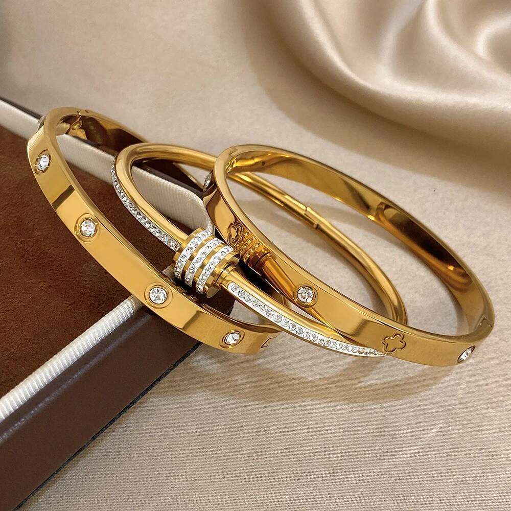 Freetry Luxury Stackable Zircon Stainless Steel Cuff Bracelet Women Simple Round Geometry Gold Color Spring Bangle Party Jewelry Z260123