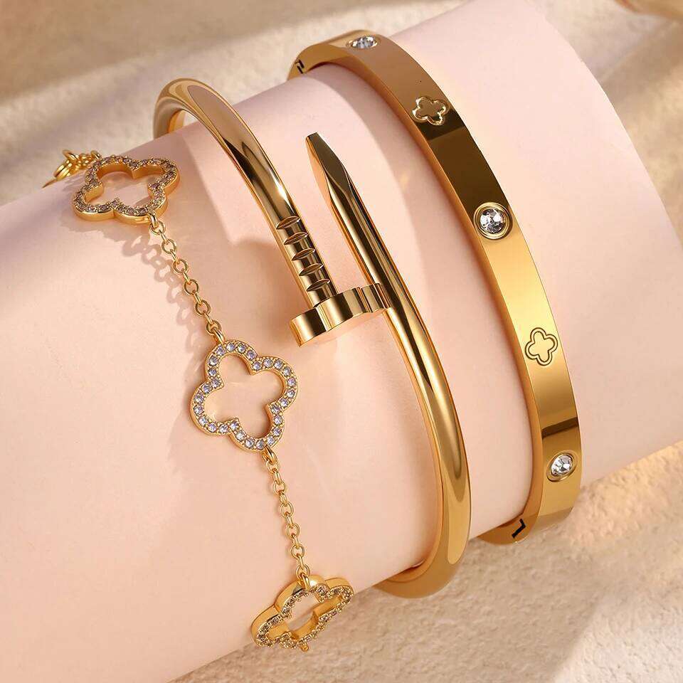 Yupsk 3Pcs Stainless Steel 18K Gold Plated Flower Nails Stacked Bracelet Bangles Shiny Zircon Couple Jewelry Gift Z260123