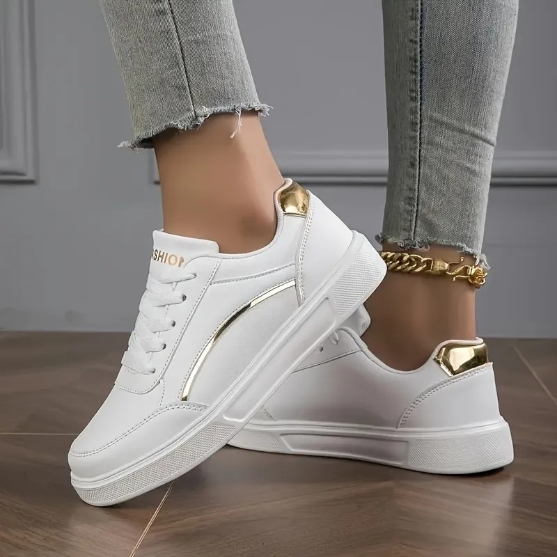 Luxury Design Shoes 2026 Women's White Platform Sneakers Gold Trim Lace-up Casual Fashion Shoes Free Shipping