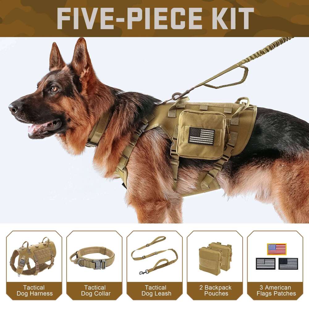 Military Tactical Dog Harness Collar Leash Set with Pouches Flags Durable Pet Harnesses Vest Collars Leashes for Dogs Training 26W01123