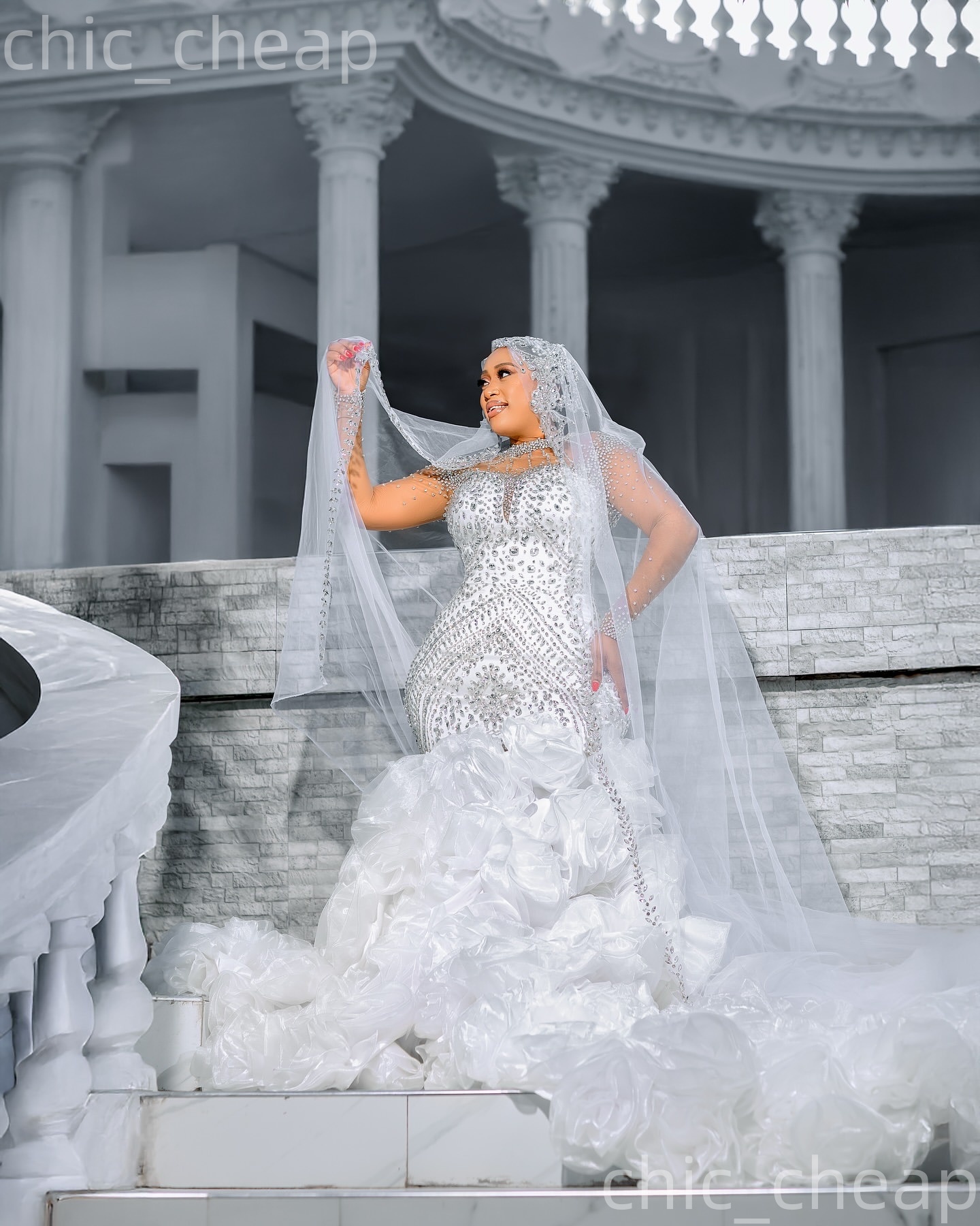 African Aso Ebi 2026 Ivory Mermaid Wedding Dress Luxurious Beaded Crystals Organza Tiers Sheer Neck Bridal Gowns Dresses ZJ2371