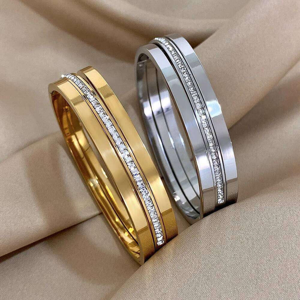 3pcs Glossy Rhinestone Stainless Steel Bangle for Women Luxury Gold Silver Color Wristband Bracelet Waterproof Jewelry Z260123