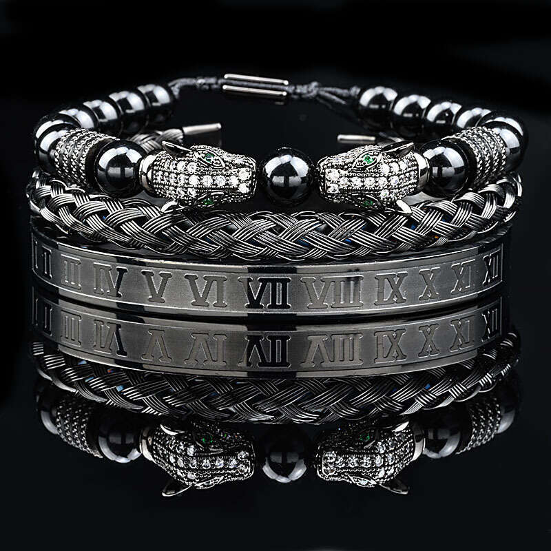 Micro-Inlaid Zircon Double Leopard Head Shiny Black Bead Braided Bracelet Stainless Steel Roman Bangle