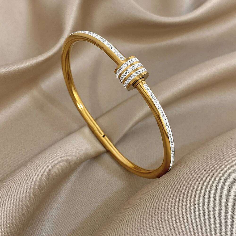 Luxury Stackable Zircon Stainless Steel Cuff Bracelet Women Simple Round Geometry Gold Color Spring Bangle Party Jewelry Gift Z260123