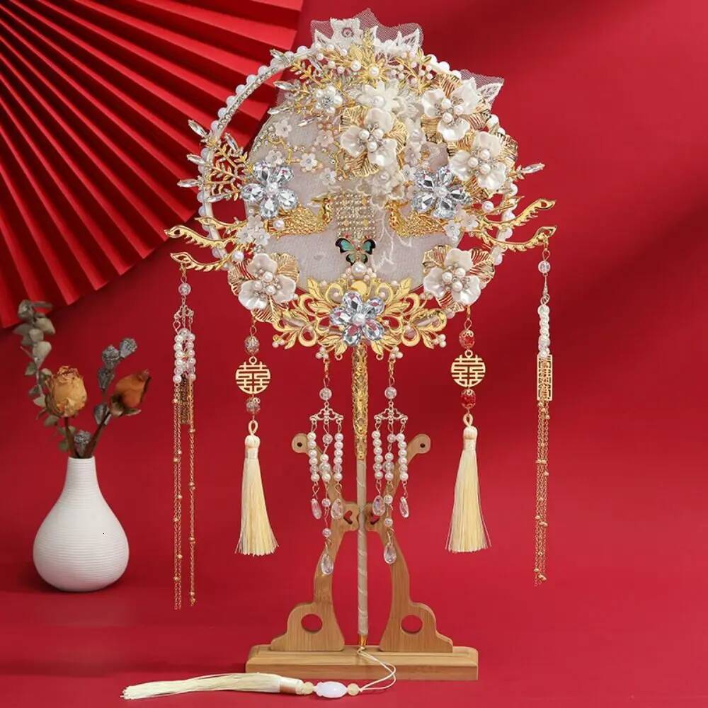 Antique Style Bride Group Handmade Flower Desig Show with Tassel Long Handle Decorative Fan For Chinese Wedding ddmynov