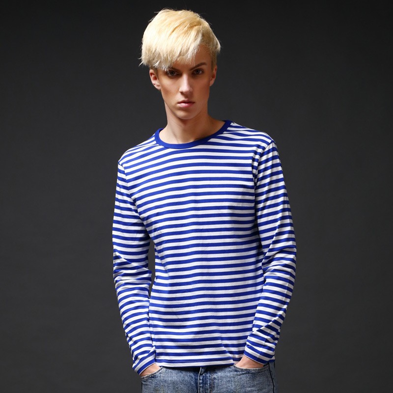 Spring and Autumn 2025 New Style Men's Long Sleeve Large Size T-shirt Sailor Shirt Pure Cotton Striped T-shirt Intermittent StripesXJ241210