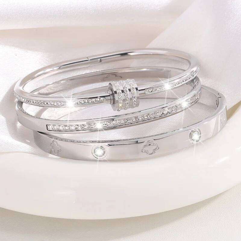3pcs Gypsophila Diamond-Encrusted Stainless Steel Simple And Versatile Bracelet For Daily Matching Z260123