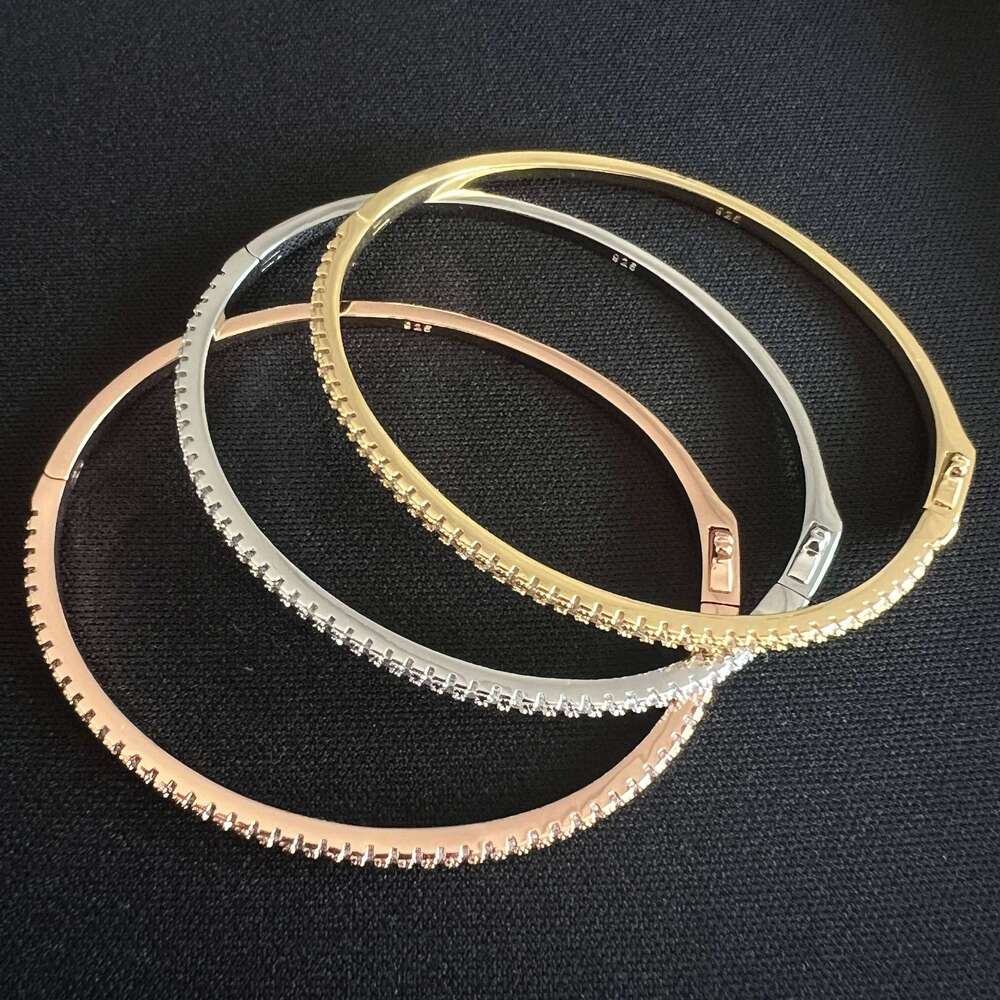 Pure 925 Sterling Full Diamond Classic Design Party Jewelry Friendship Bracelet Silver Bangle Rose Gold 17CM Z260123