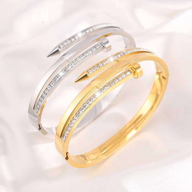 Gold Silver Stainless Steel Nail Bangle Bracelet for Women, Punk Style Cuff with CZ Crystal, Adjustable Fashion Jewelry Gifts Z260123