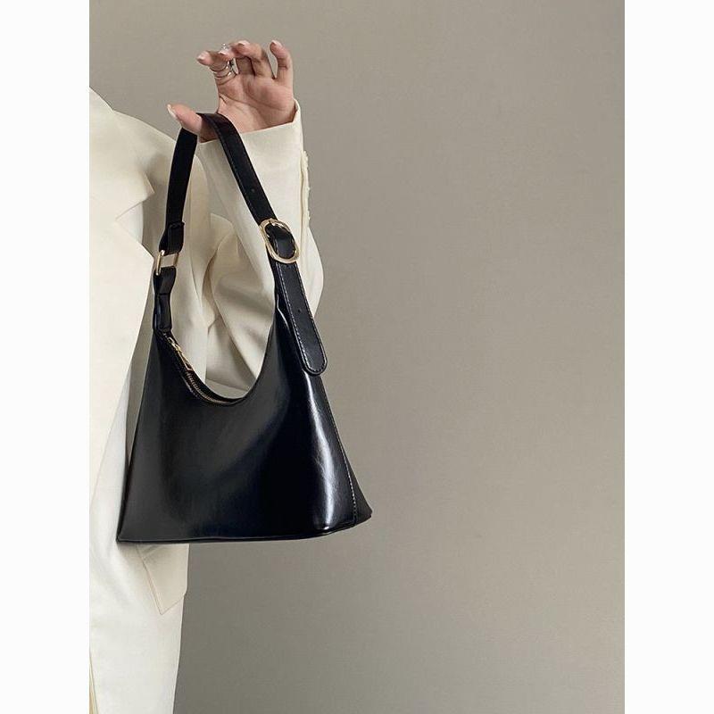 Women's Designer Underarm Shoulder Bag - Chic Black Textured Leather Minimalist Niche Style Versatile Handbag Purse