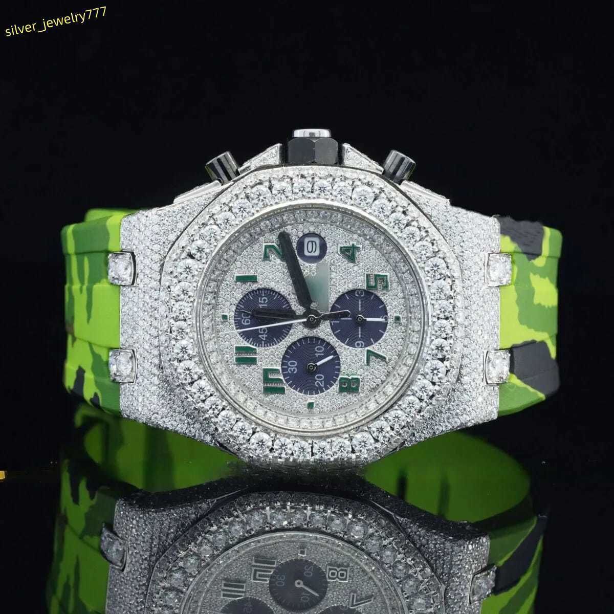 Luxury Mens Iced Moissanite Diamond Chronograph Watch Green Rubber Strap Mechanical Movement Analog Display Glass Fashion Charm