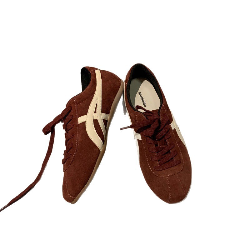 Free Shipping Luxury Shoes 2026 Women's Retro Suede Lace-up Sneakers Contrast Stripe Leopard Print Flat Casual Shoes