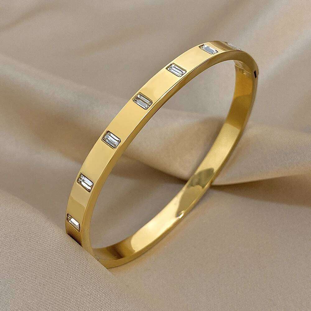 Luxury Inlaid Square Zircon Cuff Bangle Bracelets for Women Trendy Waterproof Gold Silver Color Stainless Steel Stacked Bracelet Z260123