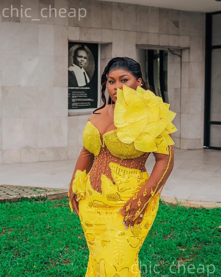 Aso Ebi Yellow Mermaid Prom Dresses 2026 Rhinestones Beaded Florals Evening Formal Party Second Birthday Reception Gowns Dress For Special Occasions