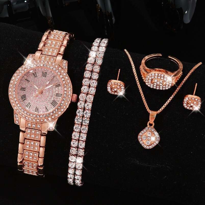 Full Diamond Roman Numeral Steel Band Starry Sky Elegant Business Quartz Women's Watch Jewelry Set
