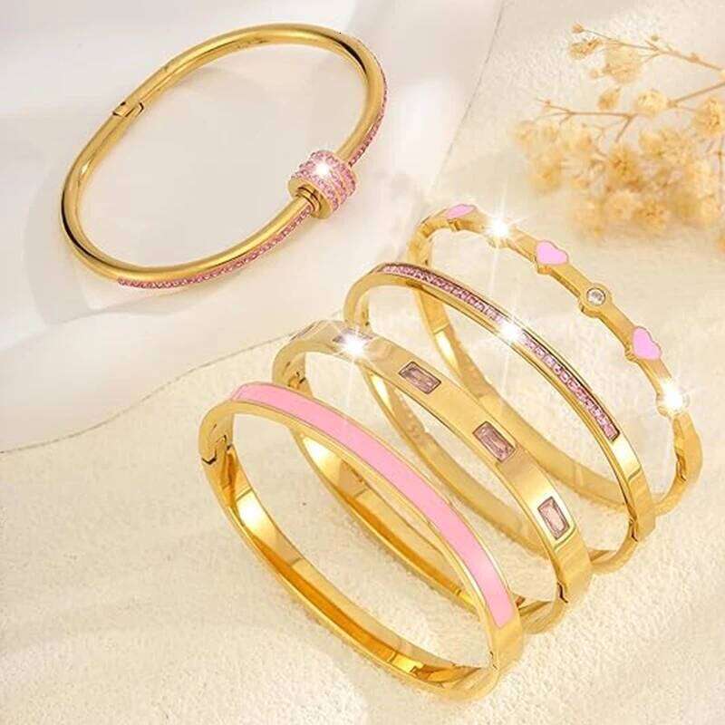 Stackable Color Bangle Set for Women - 18K Gold Plated Stainless Steel Pink Crystal Love Heart Bracelet Jewelry Z260123