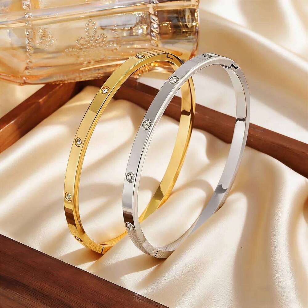 Fashion Gold Color Cubic Zircon Bracelet for Women, Waterproof Stainless Steel Openable Bangle, Charm Luxury Jewelry Gifts Z260123