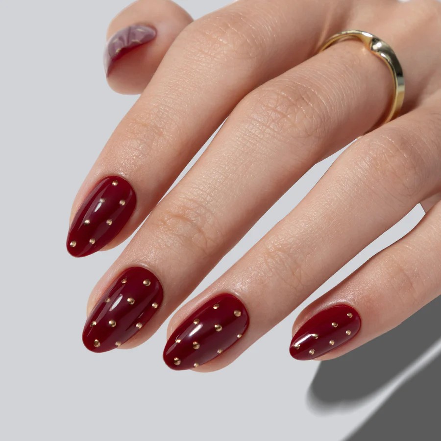 Cherry Dark Red and Gold Polka Dots Press on Nails