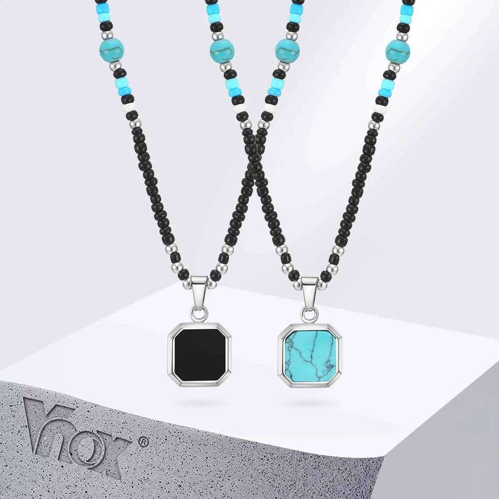 Vnox Boho Necklaces for Women Men, Geometric Square Natural Stone Pendant, Adjustable Blue Beads Chain, Ethnic Tribal Collar Z260123