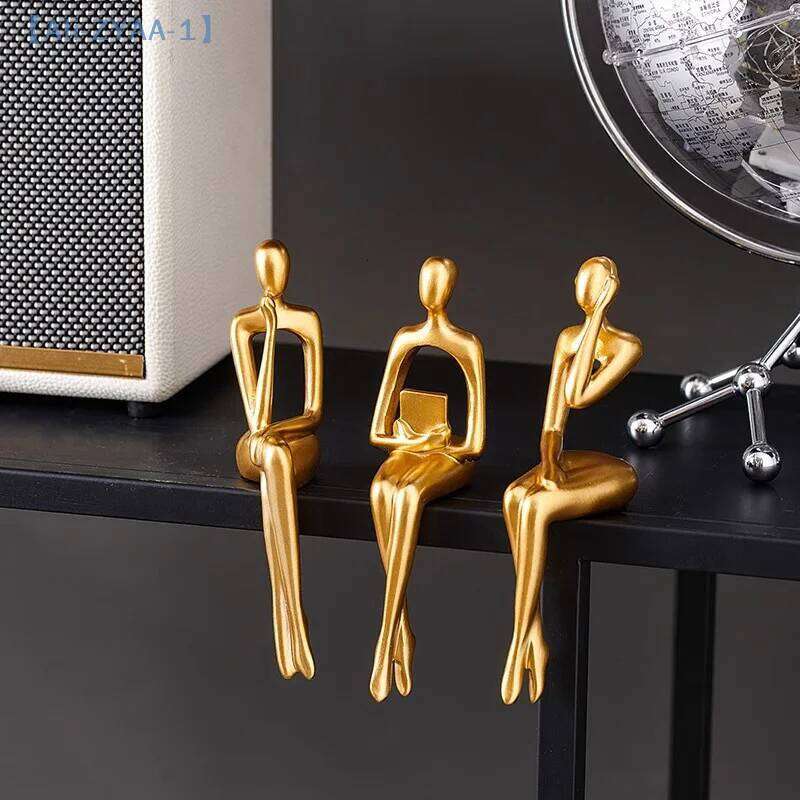 1Thinker Figure Sculpture Small Ornaments Resin Home Gold Abstract Statue Office Decor