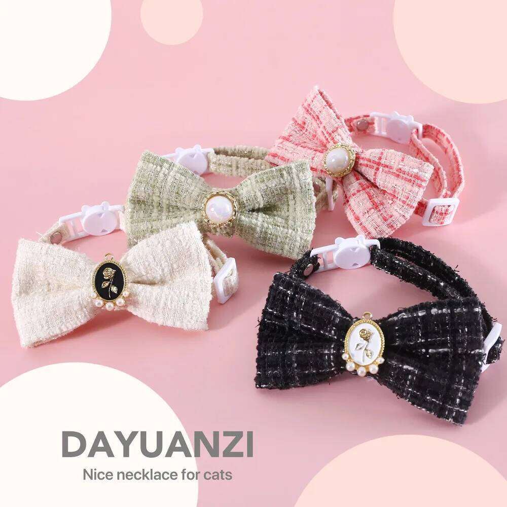 Pet Woven Lattice Pearl Bow Tie Collar For Cats And Dogs, Adjustable Clothing Accessory