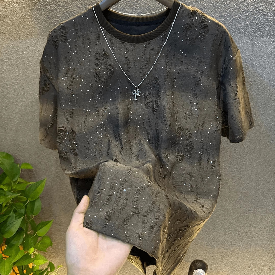 Men's design T-shirt Y2K new style of perforated design rhinestone design starry sky loose pullover short-sleeved street wear daily wear