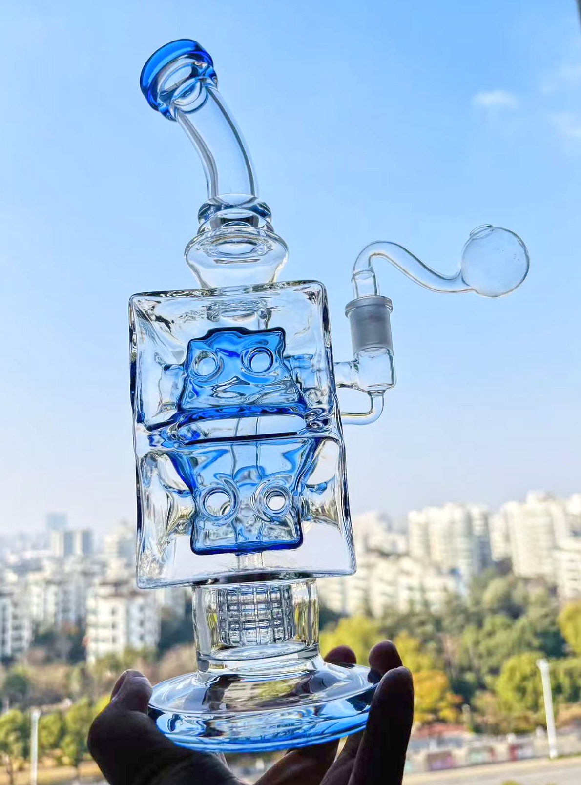 blue Matrix VERY unique Egg Perc Glass Bongs 13" Percolator Pretty Hookah Bubbler Straight Tube Water Pipe with 14mm glass bowl Smoking pipe Very smooth