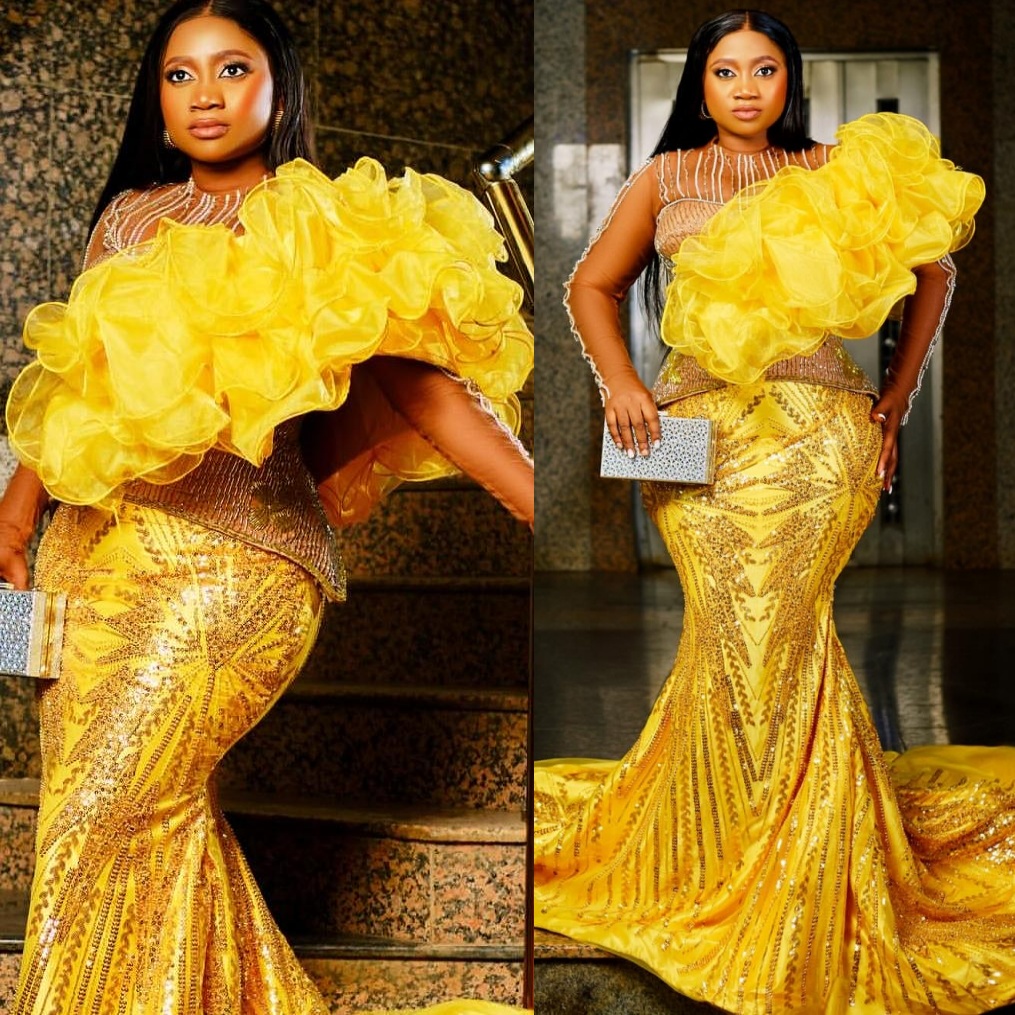 Aso Ebi Yellow Mermaid Prom Dresses 2026 Illusion Beaded Tiers Sequined Evening Formal Party Second Birthday Reception Gowns Dress For Special Occasio