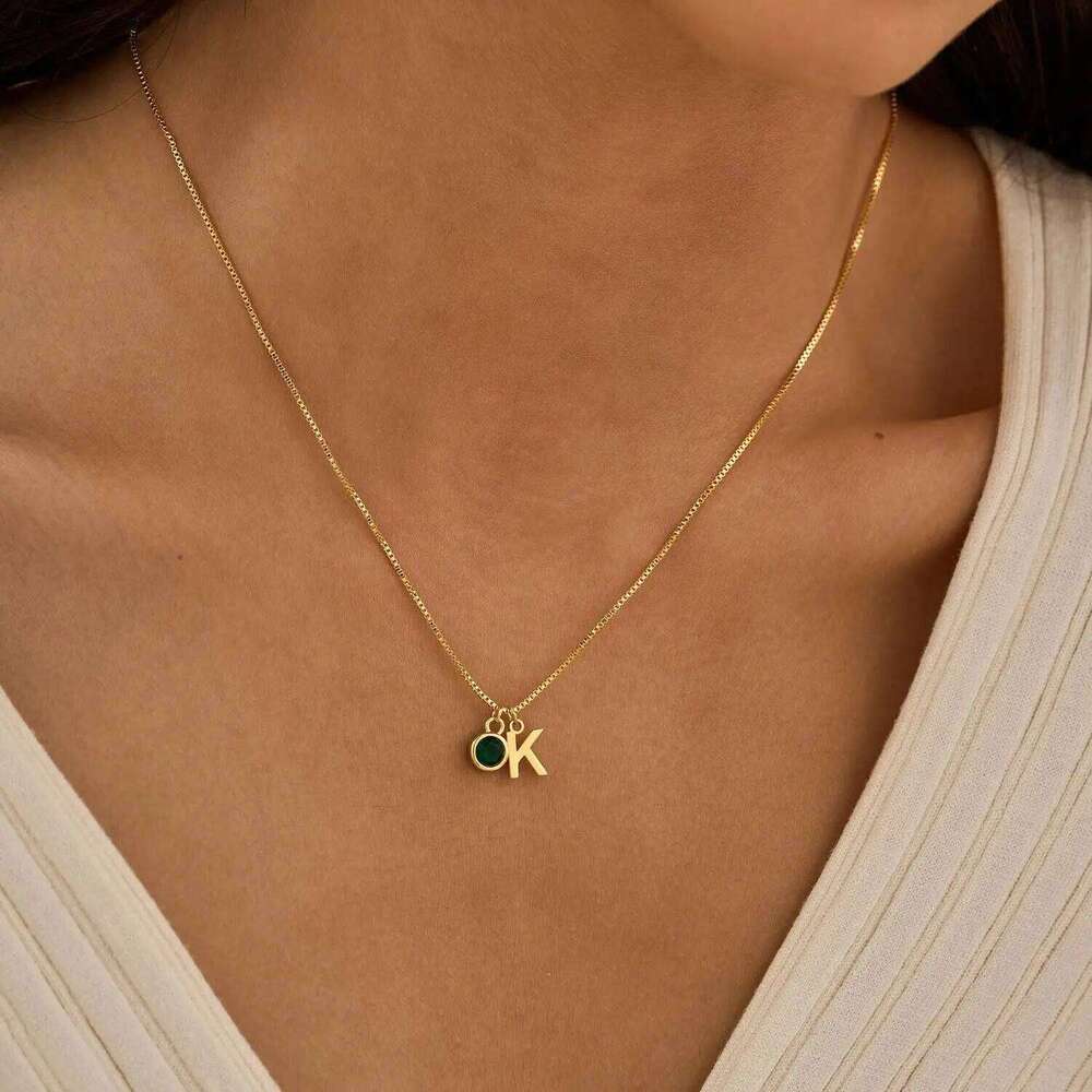 Personalized Initial Gold Letter Birthstone Necklace with box Chain Birthday Gift For Women Z260123