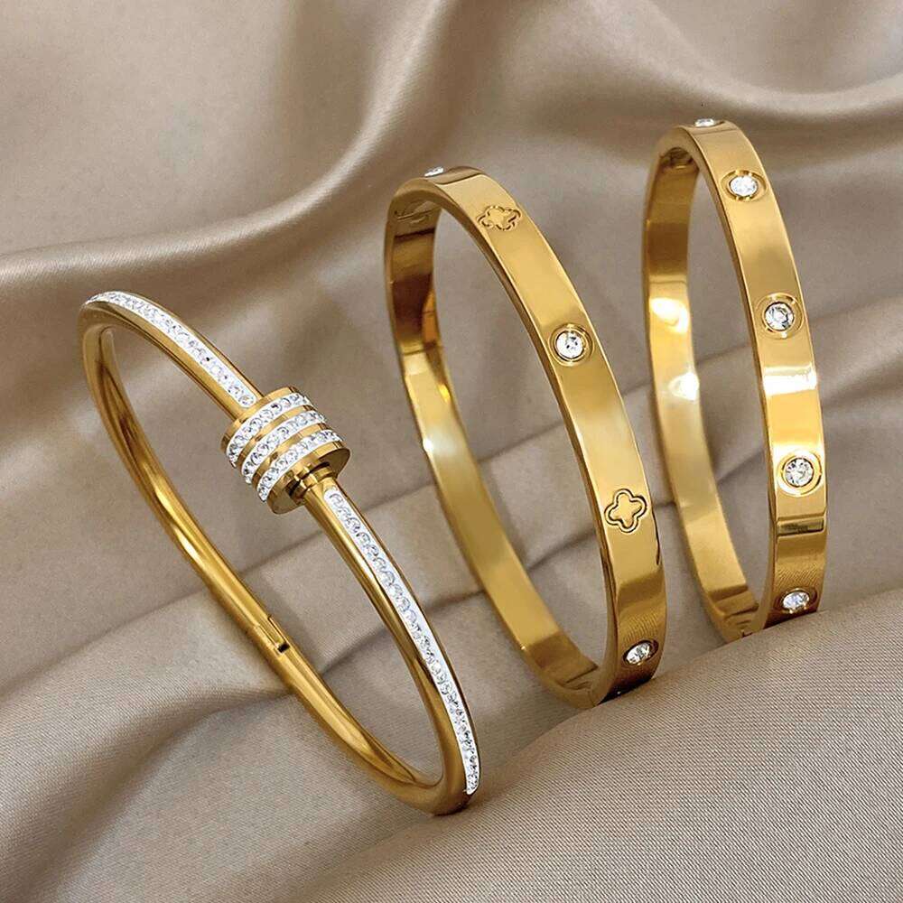 Luxury Stainless Steel Cuff Bangle for Women Men Brand Inlaid Zircon Gold-Plated Lucky Beads Bracelets Bangles Wrist Jewelry Z260123