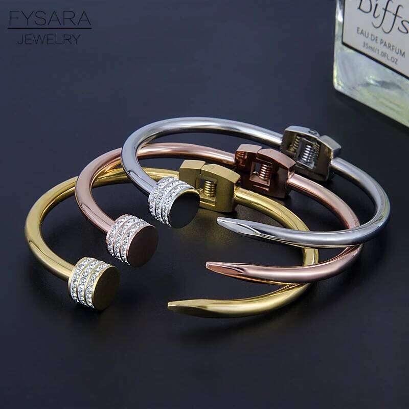 FYSARA Luxury Cubic Zirconia Crystals Arrow Cuff Bracelets Stainless Steel Gold Color Bangles For Women Pulseiras Punk Jewelry Z260123