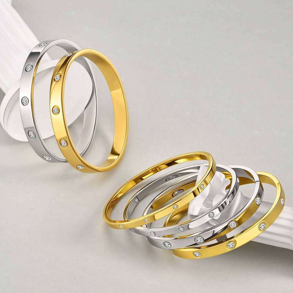 Luxurious Cubic Zircon Openable Bracelet for Women ,Stainless Steel Round Bangle Bracelets,Charm Jewelry Gifts Z260123