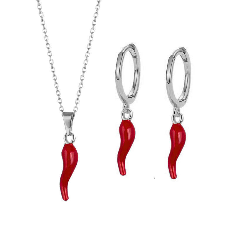 Necklace for Men and Women Gold-Plated Oil-Drip Alloy Red Pepper Pendant Earrings Stainless Steel Collarbone Chain Accessories