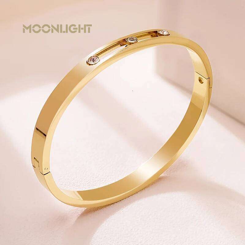 MOONLIGHT Golden Stainless Steel Woman Bracelet Bangle Crystal Zircon Sliding Luxury Wedding Party Band Wristband Jewellery Gift Z260123