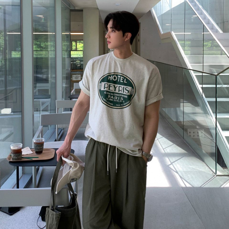 MYQ American Style Letter Print T-Shirt for Men Summer Loose Round Neck Short Sleeve Korean Commuter Style Half Sleeve Trendy 210707