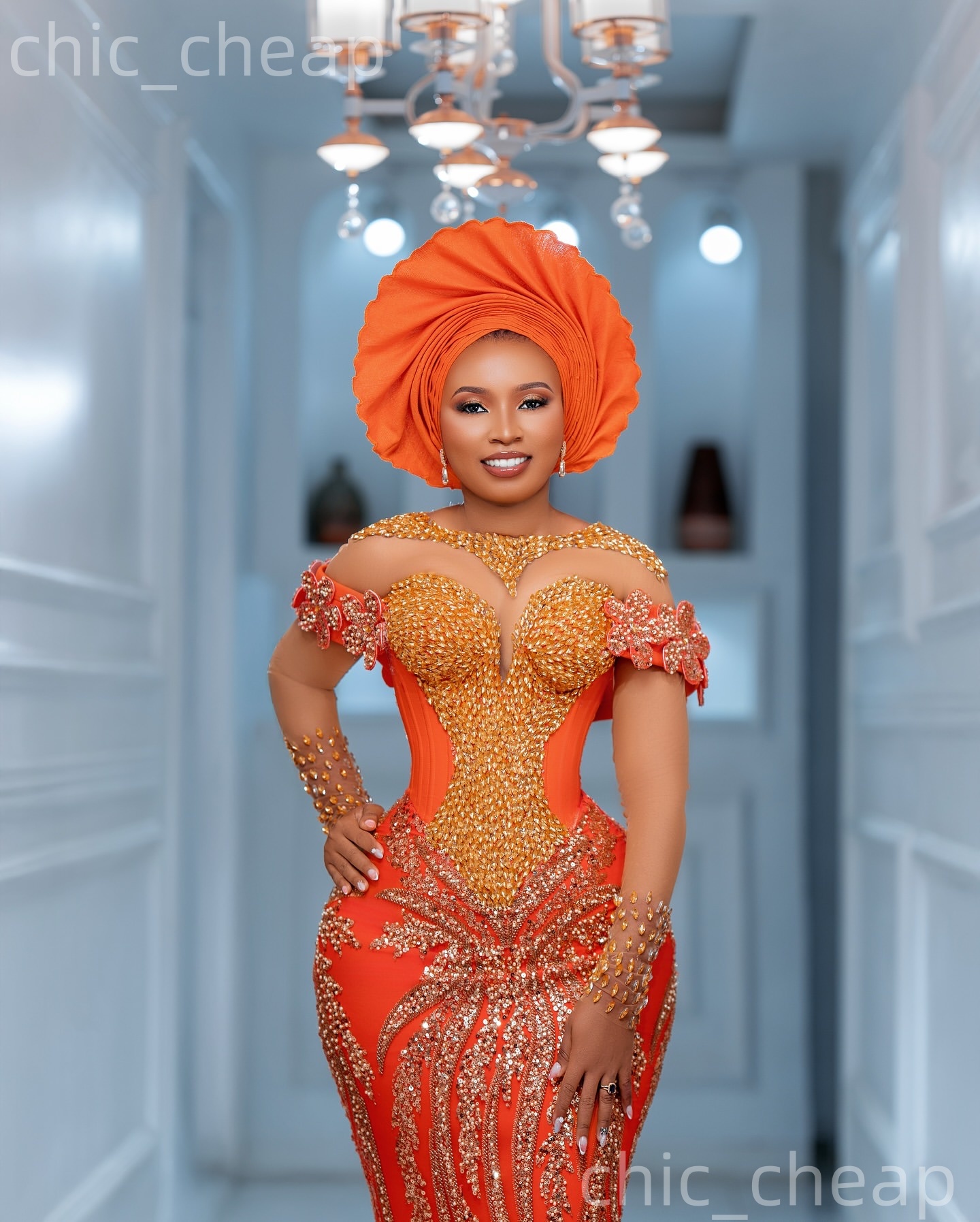 Aso Ebi Orange Mermaid Prom Dresses 2026 Flowers Crystals Beaded Sequined Evening Formal Party Second Birthday Reception Gowns Dress For Special Occas