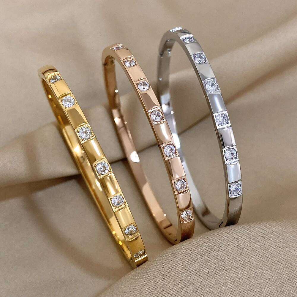 Stainless Steel Square Rhinestones Bangle Bracelet for Women Minimalist Cuff Bangles Waterproof Stackable Jewelry Accessories Z260123