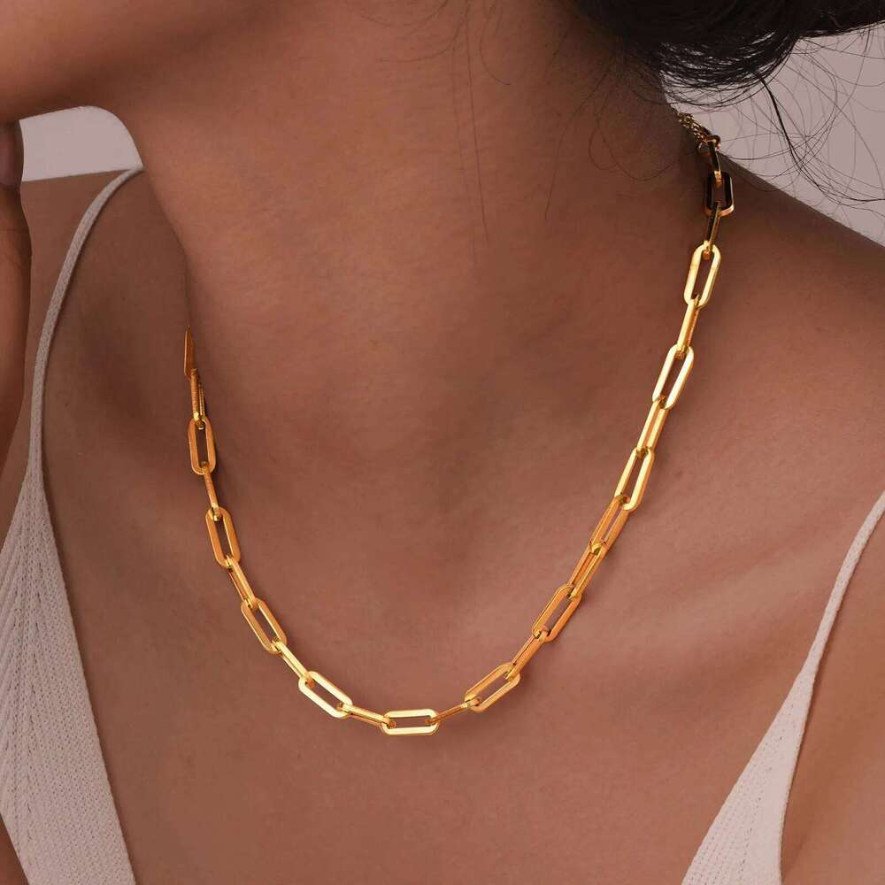 Vnox Stainless Steel Rectangular Chokers,Punk Style Gold Color Men Women Link Necklace, New Paperclip Chain Collar Z260123