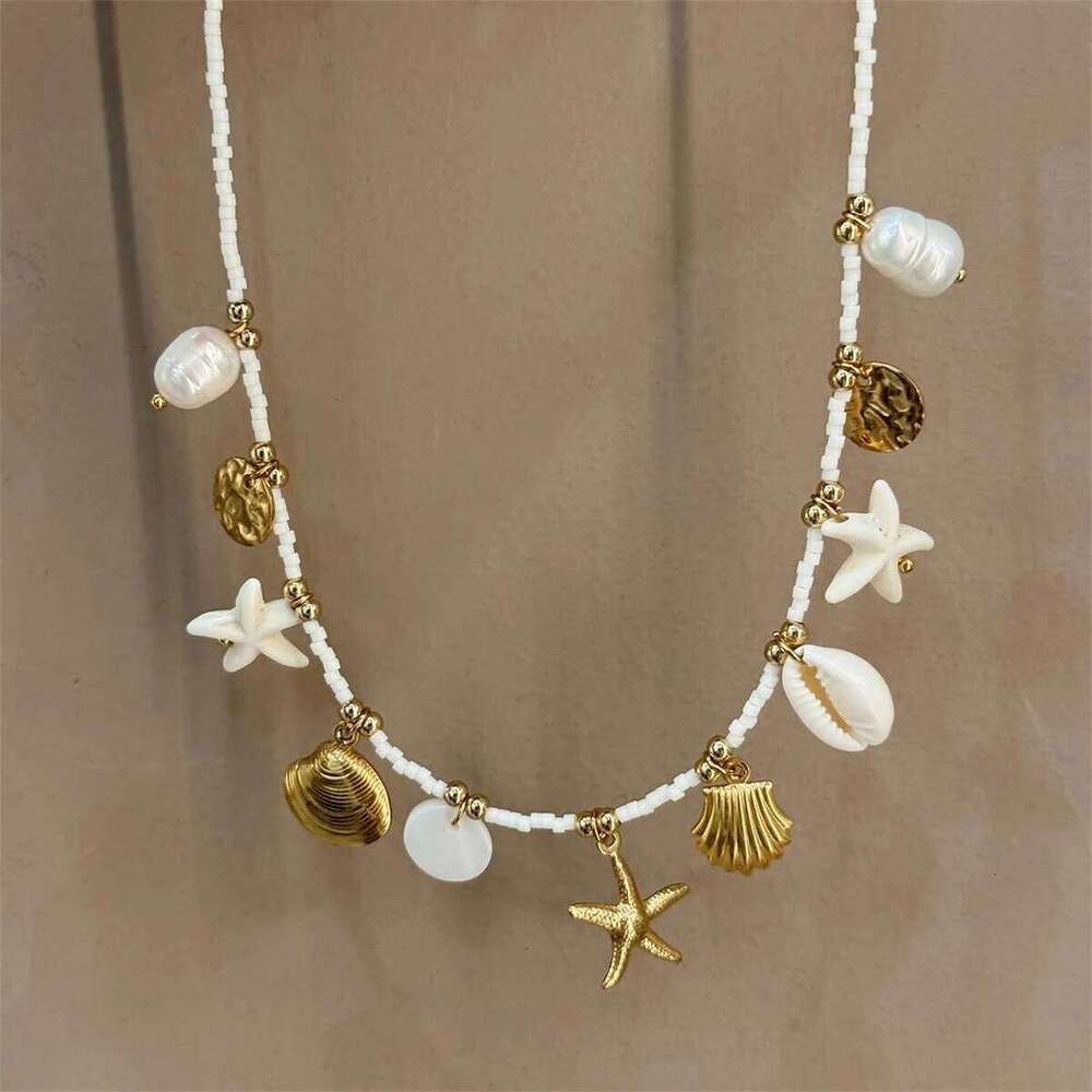 Bohemian Beach Shell Imitation Pearl Sea Star Conch Pendant Necklace Jewelry Gold Plated Color Preserved Z260123