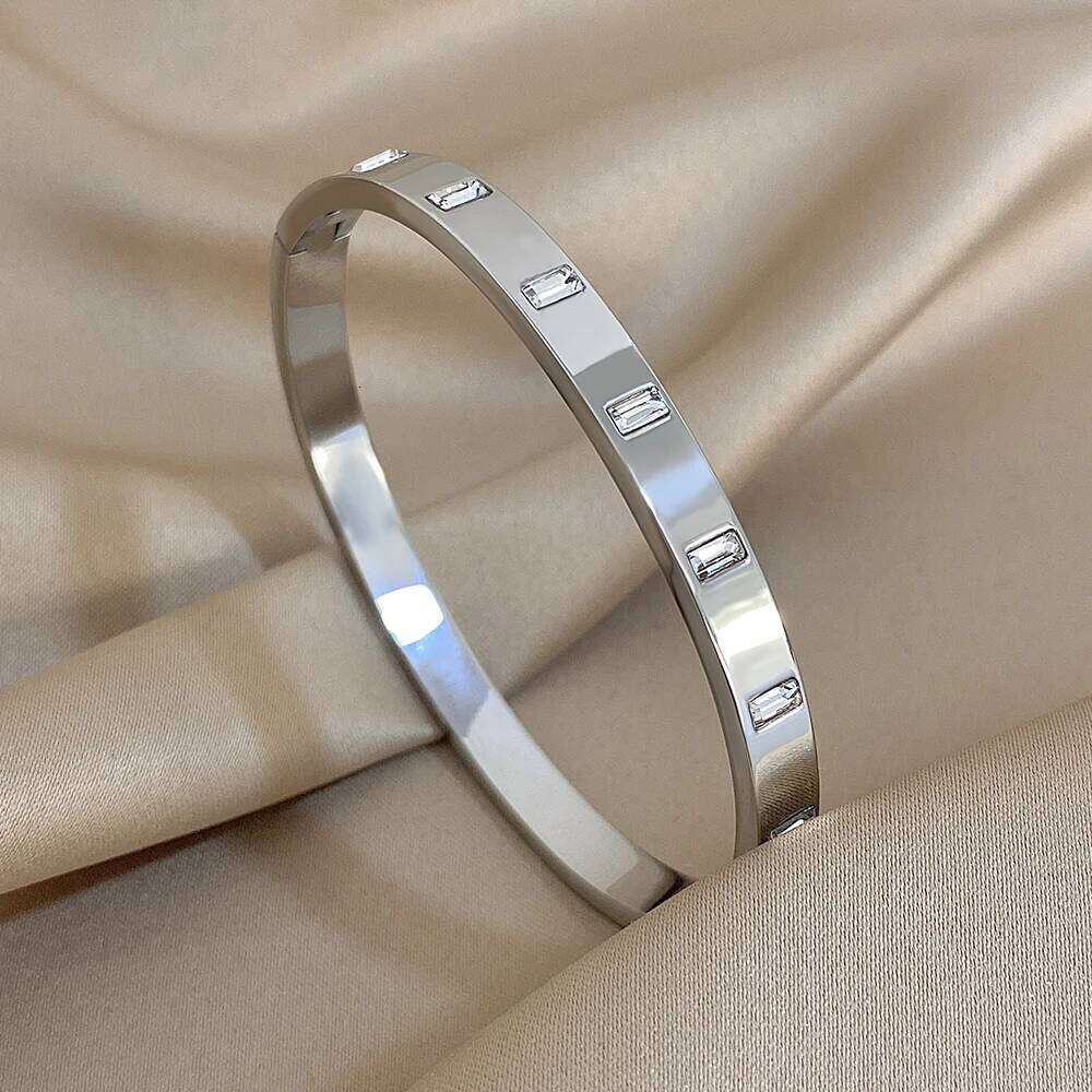Luxury Inlaid Square Zircon Cuff Bangle Bracelets for Women Trendy Waterproof Gold Silver Color Stainless Steel Stacked Bracelet Z260123
