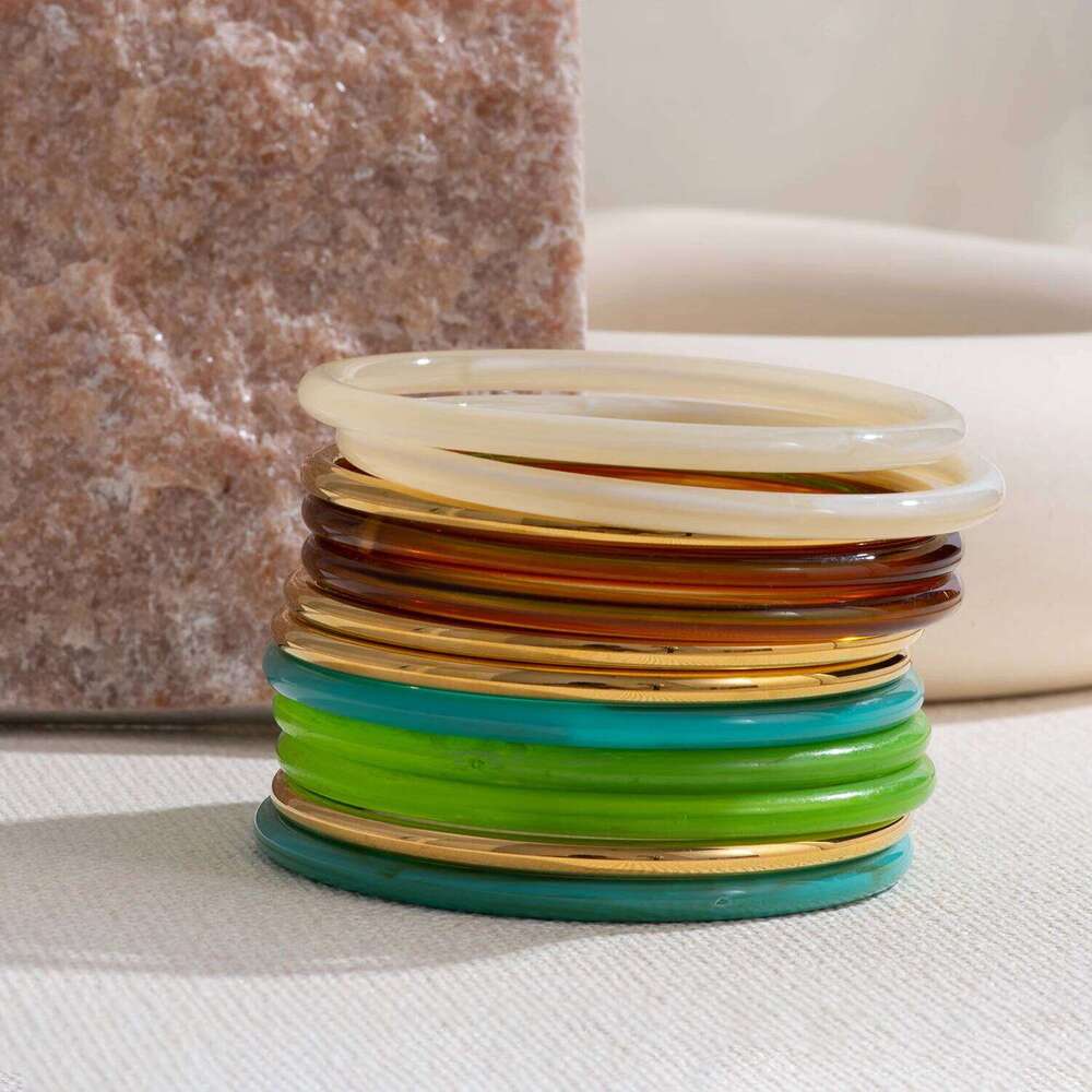 3Pcs/Set 64mm Round Circle Resin Stainless Steel Bracelet Bangle Set Amber Color Acrylic Wrist Trend Jewelry Z260123