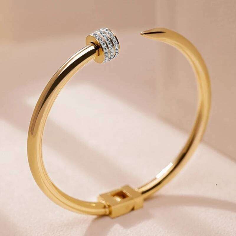 Fashion Stainless Steel Nail Studded Zirconia Open Women Men Golden Couple Holiday Gift Bracelet Party Daily Jewelry Z260123