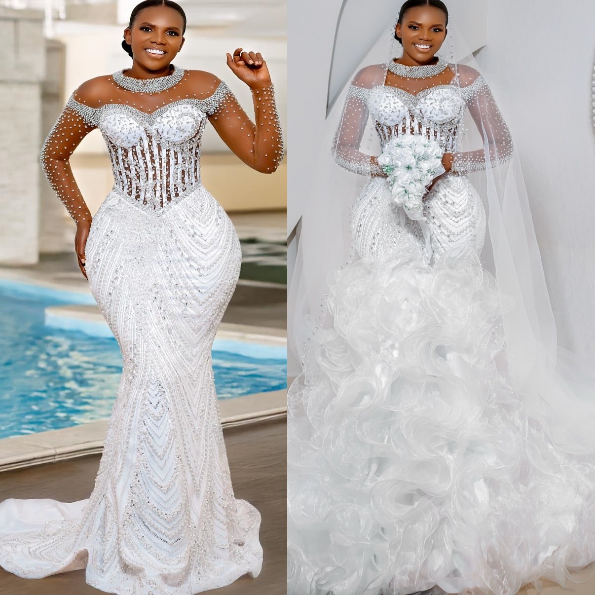 African Aso Ebi 2026 White Mermaid Wedding Dress Crystals Beaded Sheer Neck Sequined Detachable Train Luxurious Bridal Gowns Dresses ZJ2371
