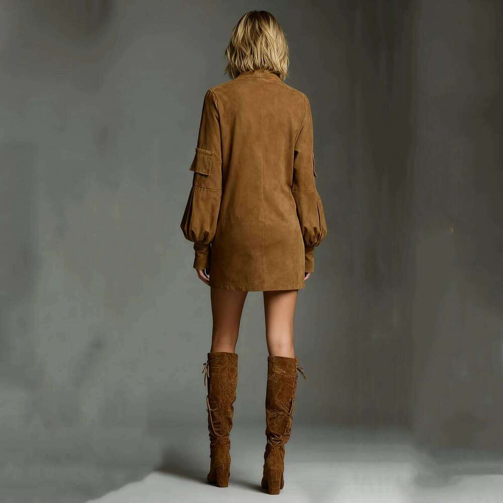 Autumn Retro Solid Suede Mini Short Dresses Sexy Turtleneck Slim Woman Pullover Dress Winter Long Sleeve Pockets Female Clothing C260123