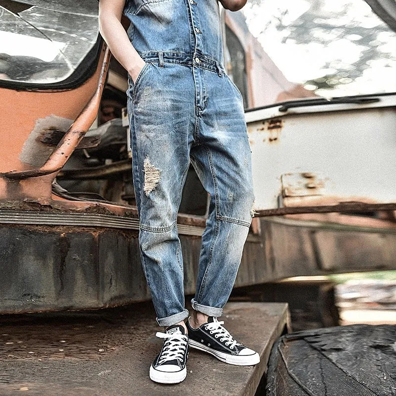 Japan Retro Mens Overalls Short Sleeved Denim Pants Casual Washed Jeans Jumpsuits Button Classic Hole Ripped Trousers 260120