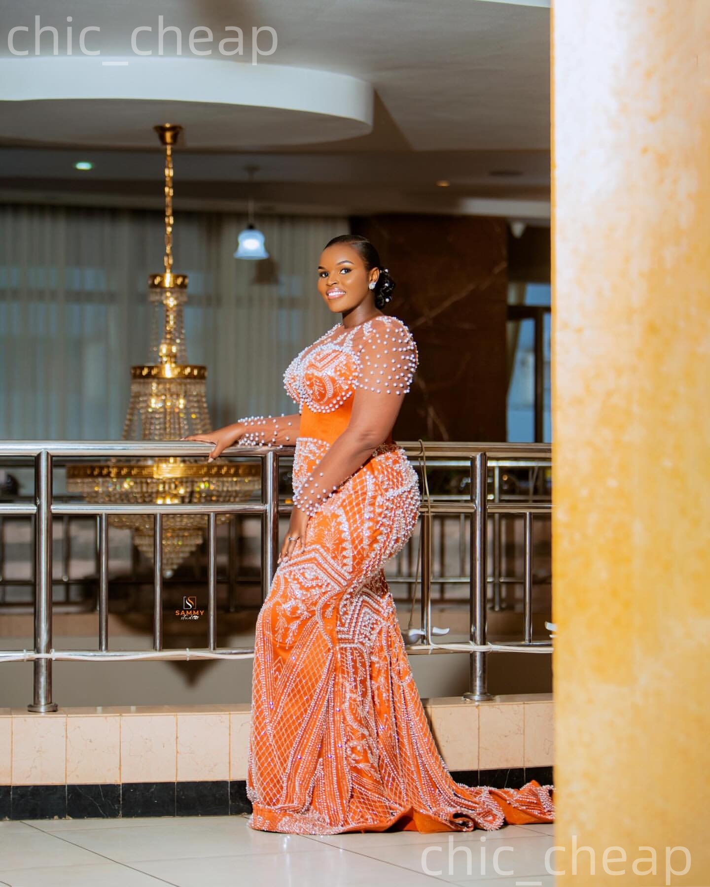 Aso Ebi Orange Mermaid Prom Dresses 2026 Pearls Sheer Neck Sequined Elegant Evening Formal Party Second Birthday Reception Gowns Dress For Special Occ